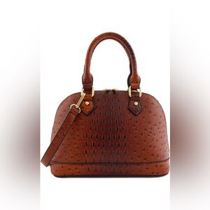Ostrich Brown Zip-Around Saffiano Classic Dome Satchel